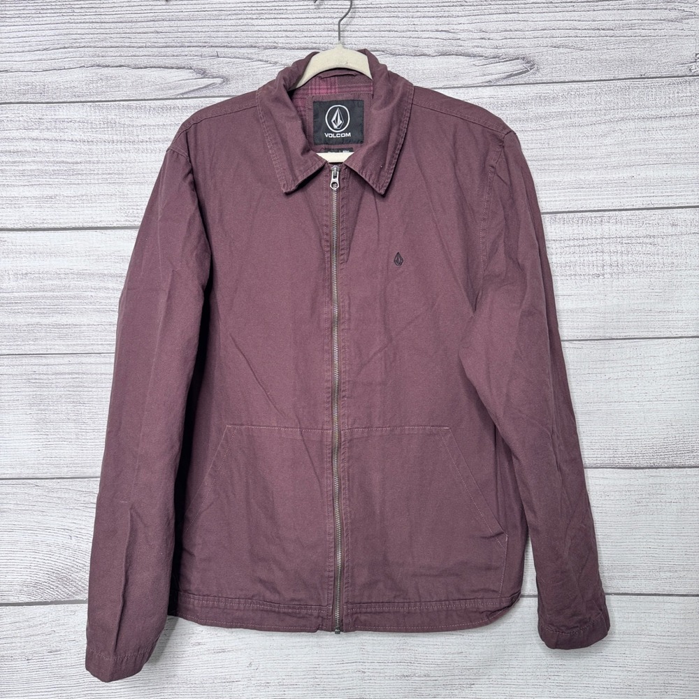 Volcom Mens Harrington Jacket Plum Burgundy Plaid Lined Canvas Full Zip Large